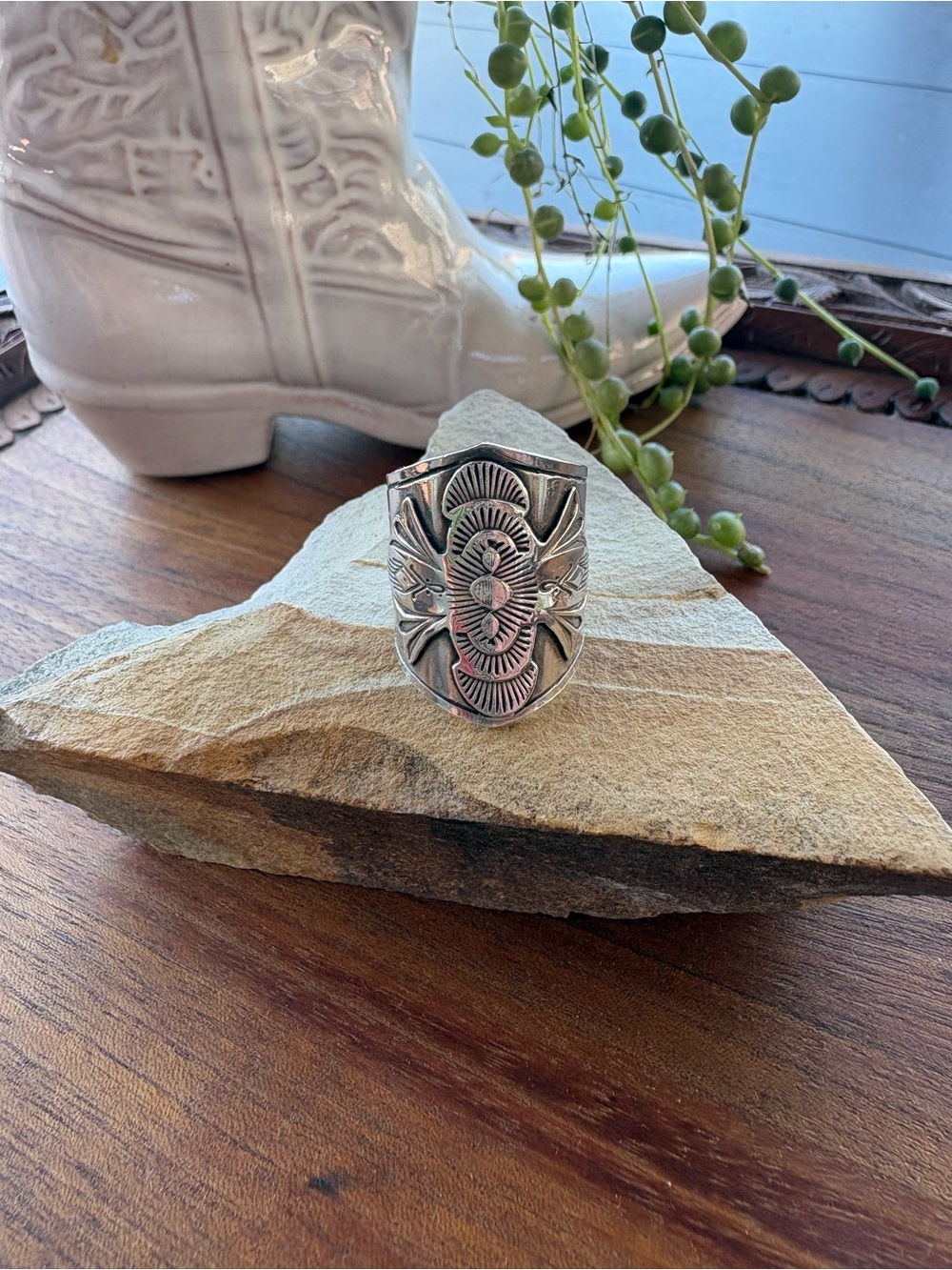 Lace Bone Jewelry Sterling Silver Hand Stamped Handcrafted Shield Ring 5